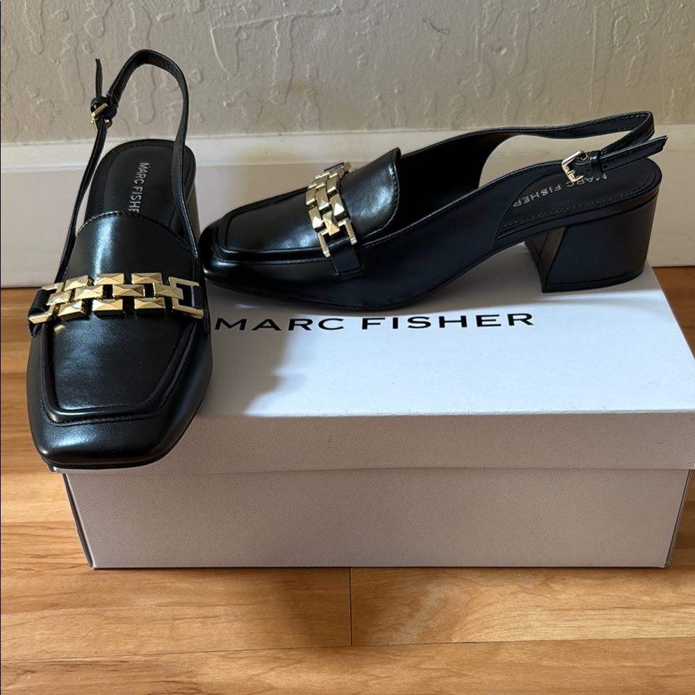 Marc Fisher Gracie Black and Gold Chain sling back heels